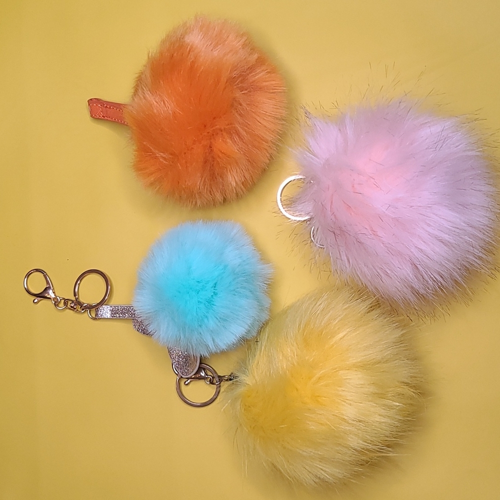 FUR BALL BAG KEY FOB CHARMS 4 PCS BUNDLE
